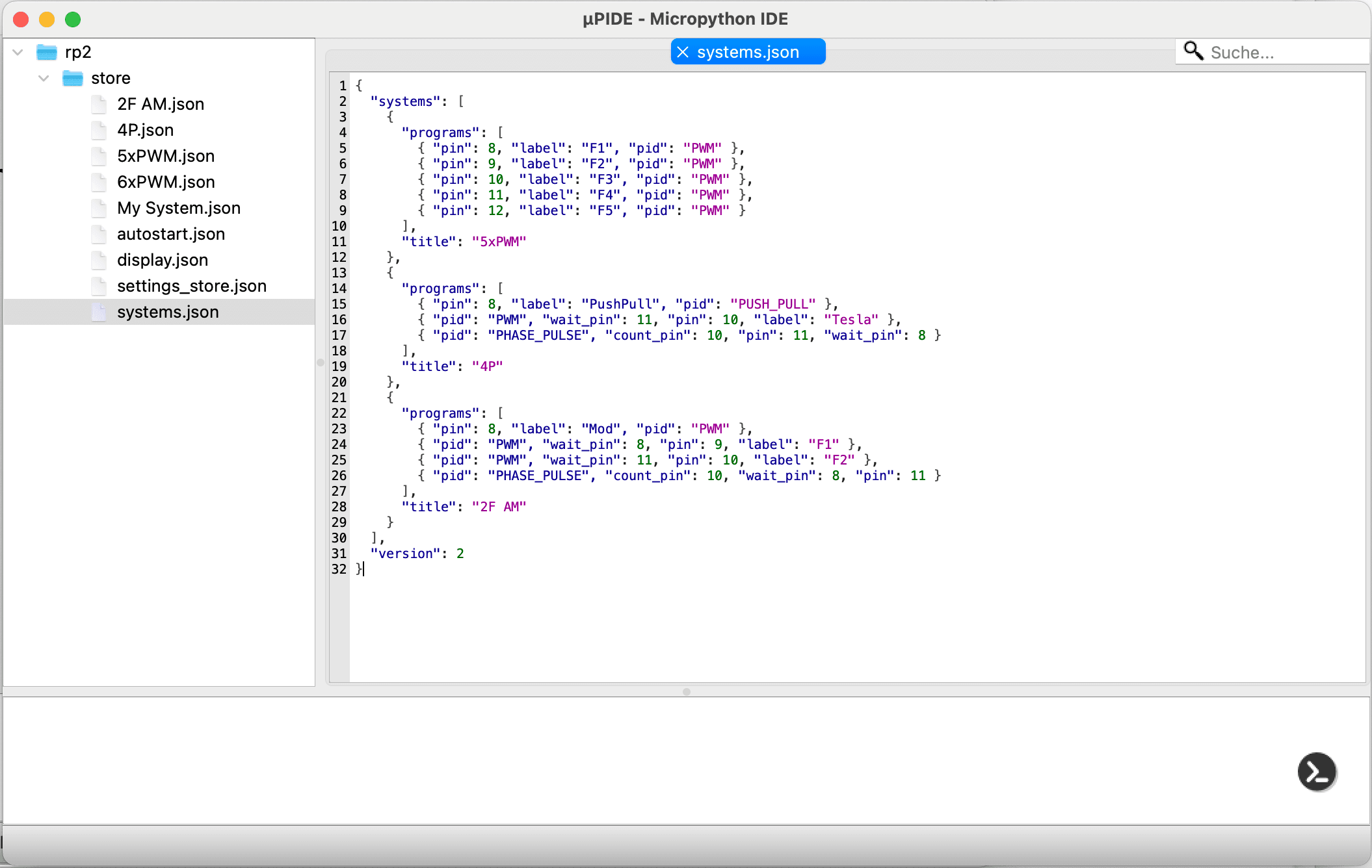 uPIDE Example showing the systems.json file