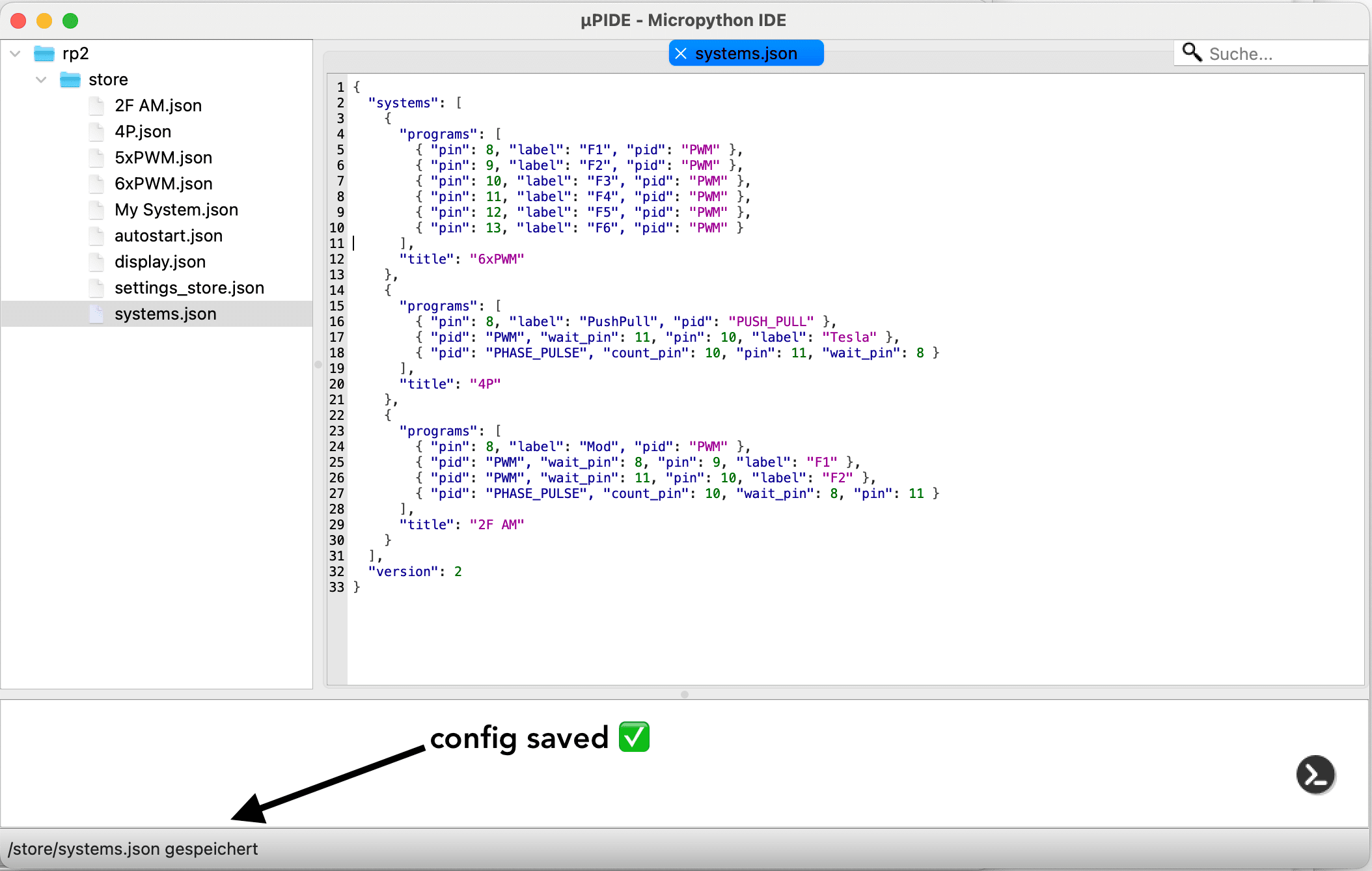 uPIDE Example showing the systems.json file